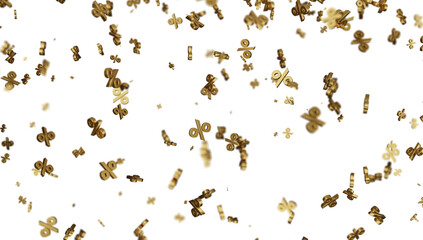 Rain of discount symbols in golden with transparent background