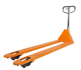 A studio shot of an empty fork pallet truck stacker isolated against white background.