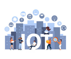 IOT. Internet of things, devices and connectivity concepts on a network, flat style with people. Spider web of network connections. Vector illustrations