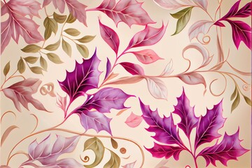Fototapeta premium Pink watercolor floral pattern with leaves and herbs. watercolor background. Generative AI