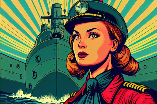 Happy young attractive woman in a Marine captain's uniform against the background of a military submarine. Generative AI Art