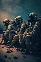 Fototapeta premium Soldier wearing protective face mask waiting in the ground at night. Generative AI illustration