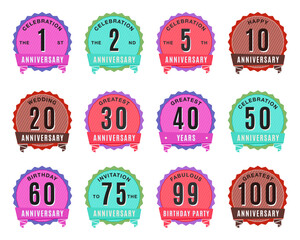 Anniversary Logo Templates Set. Wedding badges in flat modern style and different color palletes. Birthday anniversary labels. Stock vector designs