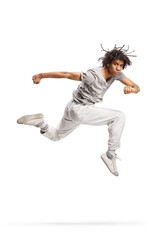 African american young male performing a jump