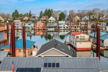 Floating houses and a marina community Portland Oregon.
