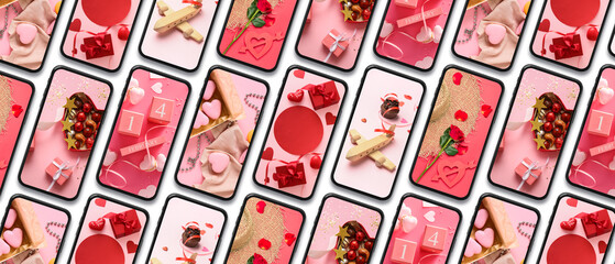 Pattern with mobile phones and different photos on white background. Valentine's Day celebration