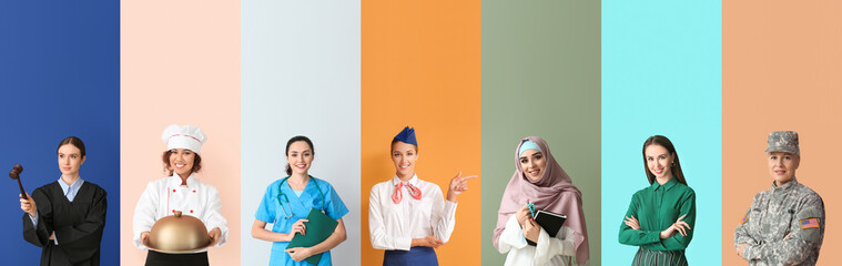 Collage of different working women on color background. Women's History Month