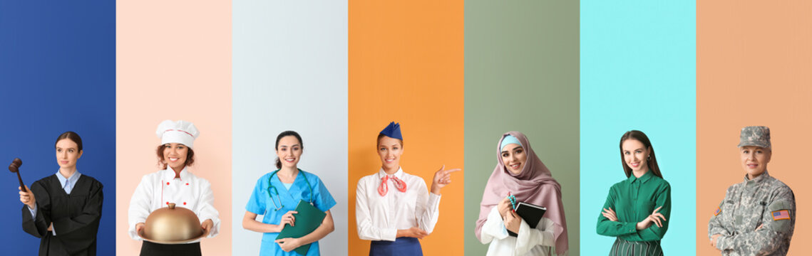 Collage Of Different Working Women On Color Background. Women's History Month