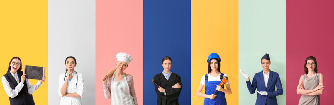 Collage Of Different Working Young Women On Color Background. Women's History Month