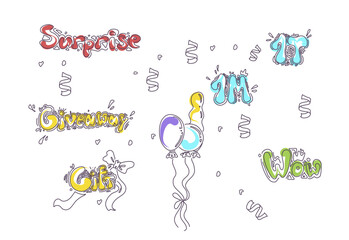 Hand drawn, doodle set. Sketch icon for invitation, flyer, poster, for social media. Surprise, Wow, Gift, Giveaway lettering. 1T and !M and balloons vector set. 