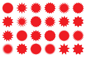 Sunburst promotion tag, bursting sticker promo badges, starburst speech bubbles. Explosion star button vector illustration. Stickers and badges with star edges for promo advertising.
