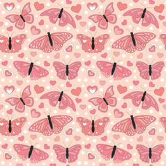 Seamless pattern with retro pink colors hearts.
