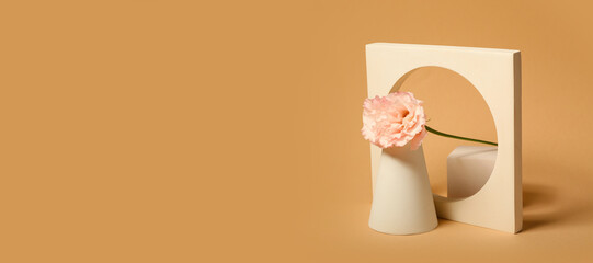 Empty modern podiums with flower on brown background with space for text