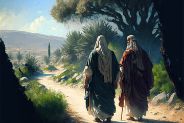 Jesus walking with his disciple  - obrazy, fototapety, plakaty