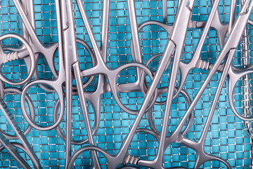 Surgical instruments on a blue