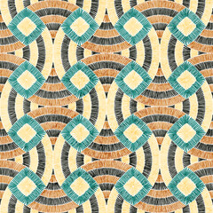 Embroidered seamless pattern. Ornament for home textiles, carpets, pillows, blankets. Grunge texture. Scandinavian style print. Vector illustration.