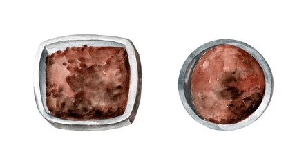 Watercolor flowers clay pot. Ceramic pots isolated on white. Illustration for flowers greeting card, design and logo for flower shop