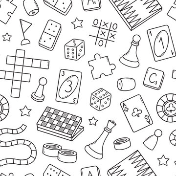 Seamless pattern of board games doodle. Checkers, chess, cards, backgammon in sketch style. Hand drawn vector illustration