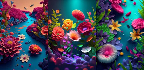 Obraz na płótnie Canvas Beautiful, colorful flowers illustration. Isolated composition on dark tone background. 3d flowers composition