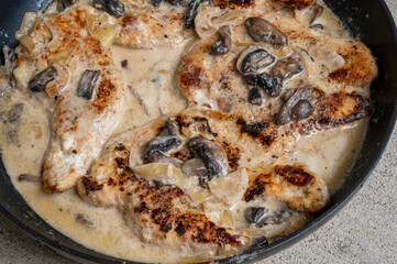 Marinated grilled chicken breasts cooked and served with fresh mushrooms and herbs, keto food