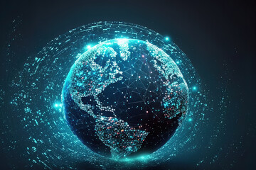 Obraz premium Abstract Tech Earth Globalization. Concept Transmit AI Networking on Fiber Optic. Transfer 5g Web Communications Signal on Worldwide. Blue neon, planet, earth. AI