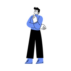 Standing Man Character in Blue Sweater Thinking Searching for Idea Vector Illustration