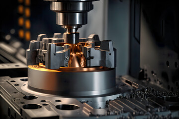 Fototapeta na wymiar Metalworking CNC milling machine. Cutting metal modern processing technology. Hi-technology machining concept. Copy space