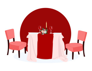 Romantic dinner table with candles, wine and flowers.