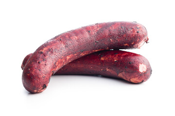 Smoked pork sausage isolated on white background.