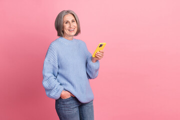 Photo advertisement of new model apple iphone old influencer lady wear blue sweater laugh enjoy using face id isolated on pink color background