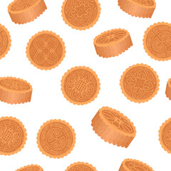 Translation Chinese Mooncake Seamless pattern, Happy Mid Autumn Festival Cakes has various patterns. Vector illustration isolated on white background