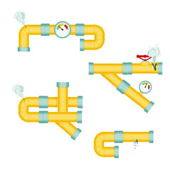 Broken pipes with a leak of steam or lead gas, rupture of the pipeline. Dripping faucet, problems with water supply, broken pipes. Wind illustration isolated on white background.