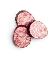 Sliced smoked pork sausage isolated on white background.