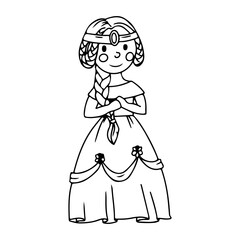 Cute princess in a ball gown. Coloring book A girl in a magical costume. Middle Ages. Vector illustration isolated on white background.