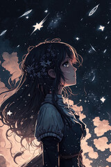 Dark moody, anime girl looking at the sky and stars