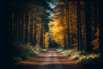 Road through the autumn forest. Illustration Generative AI