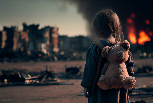 little girl back a torn against the backdrop of an exploding city. Illustration Generative AI