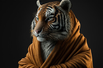 Portrait of a tiger dressed in a bathrobe.Front view.isolated background.Created with generative ai - obrazy, fototapety, plakaty