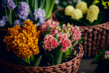 Happy spring mood baskets of floral. Illustration Generative AI