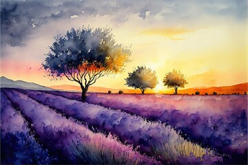 Sunset over purple lavender fields, watercolor. Generative AI.