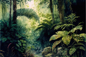 Dense jungle, green leaves and trees, watercolor. Generative AI.