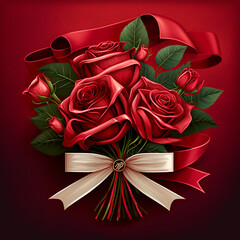Red roses with the decor ribbon, red background | Generative AI | Posei Art