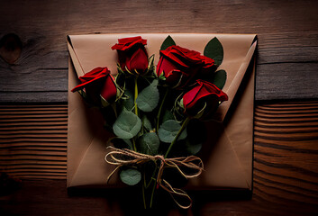 Red beautiful roses in envelope. Illustration Generative AI