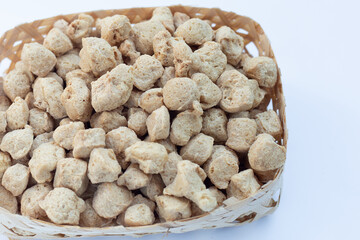 Textured soy protein on white background.