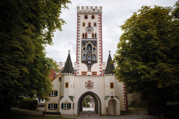 Landsberg am Lech, famous medieval village over the bavarian romantic road. Detail of the Bayertor, monumental tower, landmark and access to the town - 566398769