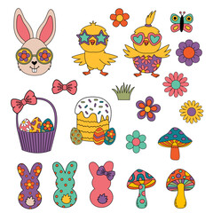 set of isolated retro groovy easter rabbit, chick, eggs, flowers - 566398927