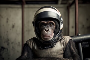 Fototapeta na wymiar Chimpanzee Racedriver - Close up portrait - Posing at the racetrack - Generative AI