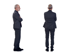 ,side and back view of same man with  arms crossed on white background