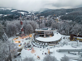 Aerial view of Krynica Zdroj City and Park Mountain from a drone