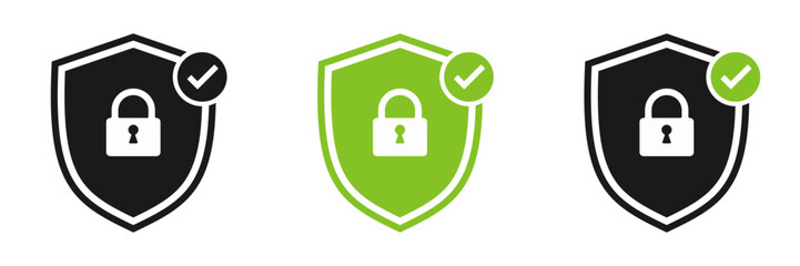Shield with tick and lock. Set of illustrations